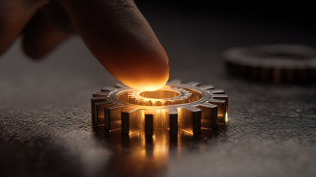 A close-up view of a hand activating a glowing gear on a dark surface, symbolizing innovation and creativity in technology and engineering fields.の素材