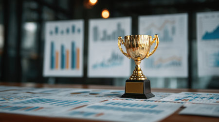 A golden trophy stands proudly on a wooden table, symbolizing achievement and success in a modern office space with business charts displayed in the background.の素材
