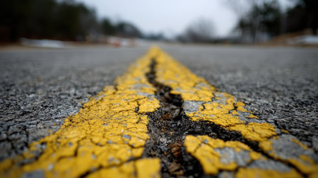 Close-up view of a cracked asphalt road featuring a prominent yellow line under an overcast sky, illustrating urban deterioration and nature's impact on infrastructure.の素材
