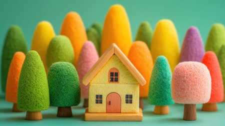Bright and playful arrangement of a colorful toy house surrounded by soft felt trees, perfect for children's decor or artistic projects that inspire imagination.の素材