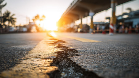 A close-up view of a cracked road surface captures the impact of natural disasters on urban settings, illuminated by warm sunset light. The scene emphasizes environmental changes.の素材