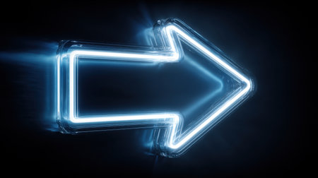 This image features a vibrant blue neon arrow pointing right, emanating a bright glow against a dark background, ideal for modern design and creative purposes.の素材
