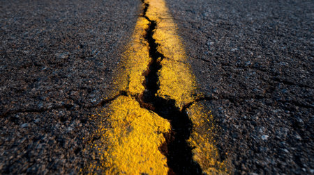 A closeup view of a cracked asphalt road featuring a bold yellow center line, emphasizing the impact of wear and nature on urban infrastructure and road maintenance.の素材