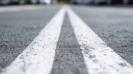 This image captures a close-up view of white road markings on an asphalt surface, emphasizing texture and depth, ideal for themes of movement and urban exploration.の素材
