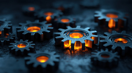 A stunning close-up image of dark metallic gears illuminated by a warm orange glow. The intricate details and textures emphasize themes of industry, technology, and craftsmanship.の素材
