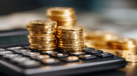 A close-up view of golden coins piled on a sleek calculator, symbolizing investment strategy and financial management in a contemporary economic environment.の素材