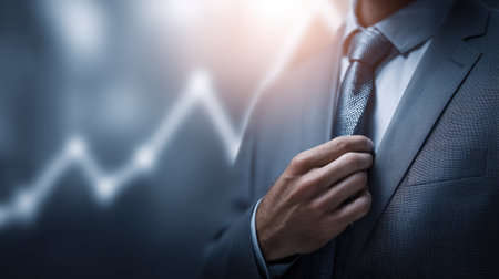 A confident businessman adjusts his tie while standing before a financial graph. This image highlights themes of growth, professionalism, and success in the corporate world.の素材