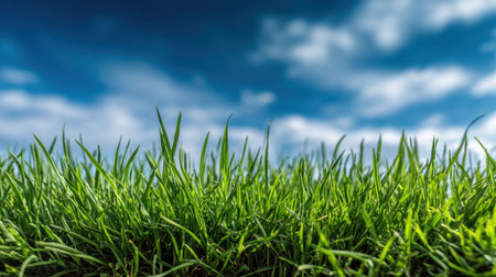 The image captures a close-up view of lush green grass under a bright blue sky adorned with soft clouds, showcasing the beauty of a sunny day in nature.の素材