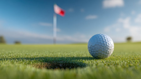 A stunning close-up of a golf ball resting on lush green grass, with a flag gently fluttering in the background, capturing the essence of a perfect day on the golf course.の素材
