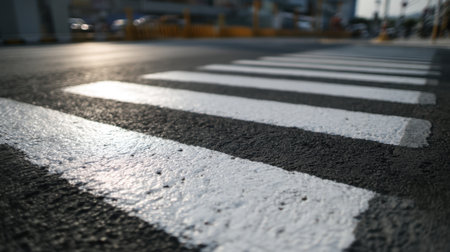 A close-up of freshly painted white pedestrian crosswalk lines on an urban street, captured with a shallow depth of field to highlight the road's texture and city ambiance.の素材