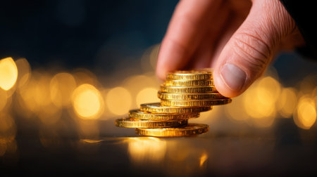 A hand carefully arranges shiny golden coins against a backdrop of soft fairy lights, capturing the essence of wealth and financial growth in a warm atmosphere.の素材