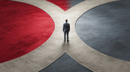 A man stands thoughtfully at a colorful crossroads, reflecting on crucial life choices. The contrasting paths symbolize opportunities and challenges in the journey ahead.の素材