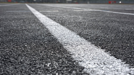 A detailed close-up shot showcasing freshly painted white road markings on a smooth black asphalt surface, highlighting the texture and urban setting.の素材