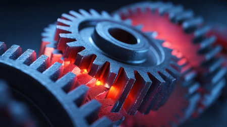 A striking close-up of interlocking metal gears glowing with a soft red light, creating a compelling visual that represents technology and industrial design.の素材