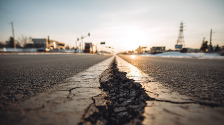 A cracked asphalt road stretches toward the horizon, illuminated by a warm sunset glow, showcasing the wear of urban infrastructure and inviting exploration.の素材