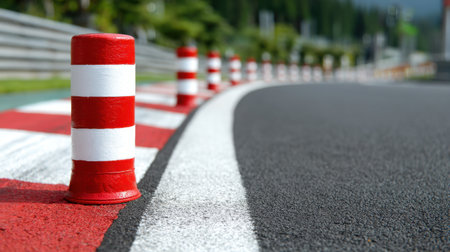 Eye-catching view of colorful traffic cones placed along a curved racing track, surrounded by lush greenery, creating a vibrant outdoor scene focused on safety and sport.の素材