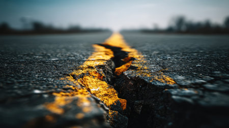 A close-up view of a cracked road, featuring a bold yellow line. This image represents the impact of natural forces on infrastructure, illustrating potential hazards.の素材