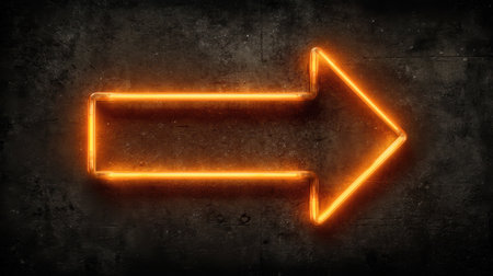 A vibrant neon orange arrow sign glows against a dark and textured background, perfect for design projects needing directional effects or urban aesthetics.の素材