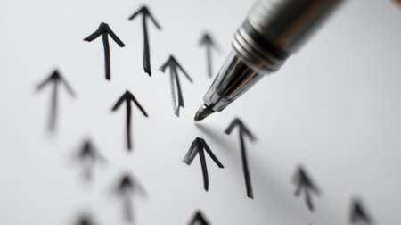 A close-up view of a silver pen poised above black arrows drawn on paper, symbolizing upward movement and progress in personal or professional objectives.の素材