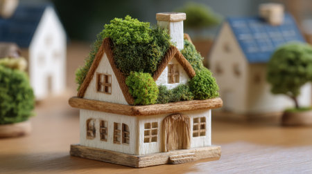 This enchanting miniature house features a vibrant moss-covered roof and wooden details. It represents eco-friendly design and adds charm to any decor or creative project.の素材