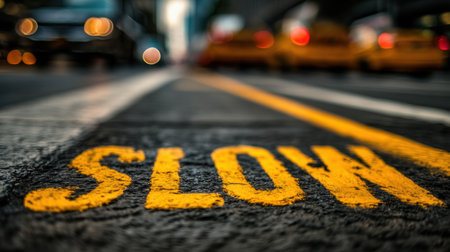 A ground-level view of a yellow "slow" sign on the pavement, surrounded by blurred taxi vehicles and urban architecture, depicting a vibrant city life.の素材
