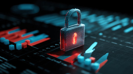 A digital padlock representing cybersecurity is showcased over vibrant financial charts. This image symbolizes modern data protection and security in analytics.の素材