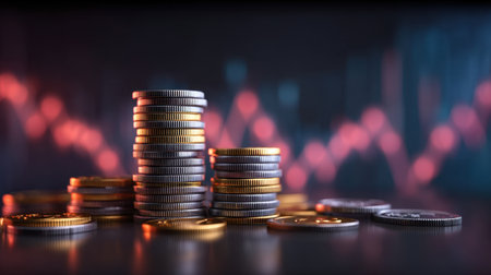 A captivating image of stacked metallic coins illuminated against a blurred financial chart background, symbolizing investment growth and economic trends in finance.の素材
