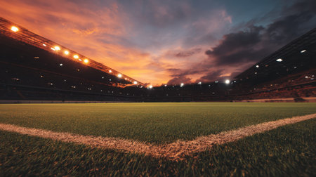 A stunning soccer field captured at sunset, showcasing vibrant colors in the sky and stadium lights illuminating the play area, creating a peaceful evening atmosphere.の素材