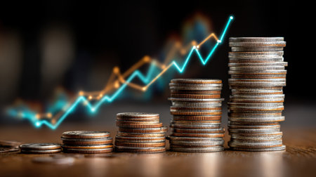 A collection of stacked coins symbolizing financial growth, featuring a graph line that highlights rising trends, perfect for illustrating investment opportunities and wealth strategies.の素材