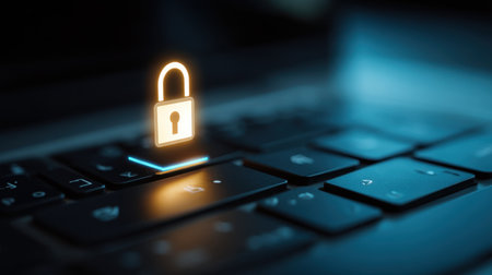 This image showcases a glowing padlock icon over a laptop keyboard, symbolizing digital security and emphasizing the importance of privacy and protection online.の素材