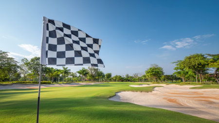 A beautiful golf course scene featuring a checkered flag against a bright blue sky, lush grass, and sandy bunkers, perfect for sports and outdoor leisure activities.の素材