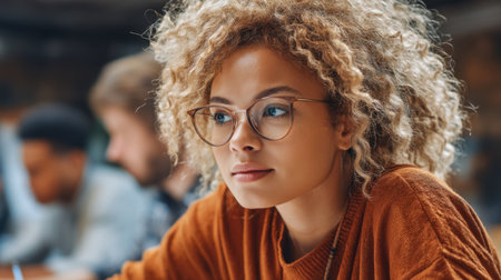 A reflective young woman with curly hair and glasses contemplates her studies in a cozy educational space, surrounded by peers. The atmosphere inspires creativity and focus.の素材