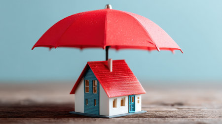 A vibrant red umbrella shelters a miniature house on a wooden surface, illustrating the concepts of safety and security within home insurance and property protection.の素材