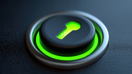 This close-up image shows a modern lock mechanism with a keyhole, illuminated by a vibrant green light against a dark surface, symbolizing security and safety.の素材