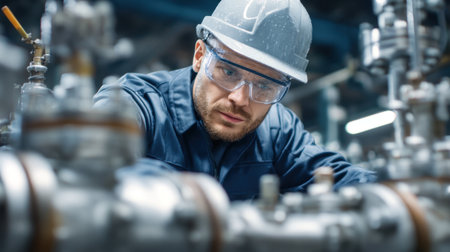 A focused engineer wearing safety gear examines machinery in an industrial facility. The image captures the dedication to safety and precision in modern manufacturing environments.の素材