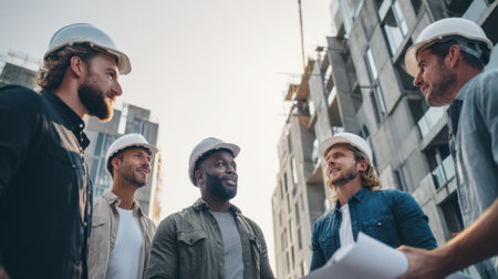 A diverse group of construction workers are engaged in a collaborative discussion about their ongoing project, highlighting teamwork and safety in an urban environment.の素材
