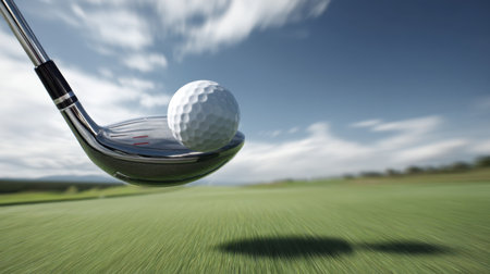 A dynamic close-up image capturing a golf club striking a ball, set against a lush green landscape and a vibrant blue sky, highlighting the essence of precision sport.の素材