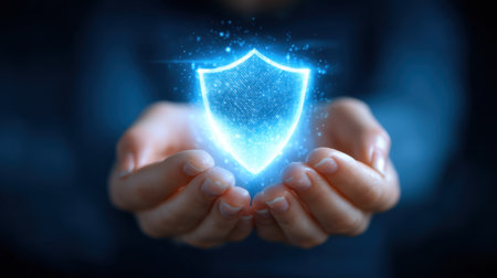 A digital shield symbol shines brightly, cradled in hands against a dark background, illustrating themes of protection, cybersecurity, and digital innovation.の素材
