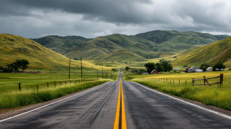 A stunning view of a long road stretching through lush green hills beneath a dramatic sky, capturing the beauty of rural landscapes and serene nature.の素材