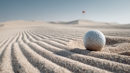 A solitary golf ball sits on a smooth sandy surface, surrounded by soft ripples under a clear sky, evoking a tranquil atmosphere for outdoor sports enthusiasts.の素材