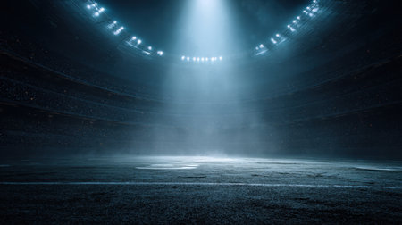 An empty sports stadium captures a dramatic atmosphere with bright spotlights illuminating the field amidst a foggy backdrop, creating an exciting waiting scene.の素材