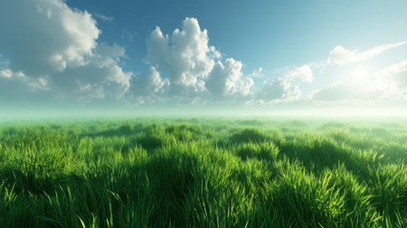 An expansive green grassland stretches under a bright sky filled with fluffy clouds. Morning mist adds a serene touch to this peaceful natural landscape, inviting tranquility.の素材