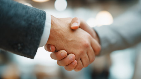 A close-up of two hands engaged in a handshake, representing a successful business agreement and partnership within a modern office setting.の素材