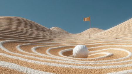 This unique image features a golf ball resting in detailed curved sand dunes, with an orange flag in the background under a clear blue sky, perfect for golf and outdoor themes.の素材