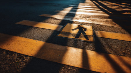A close-up view of a pedestrian crossing highlighting shadows cast by early morning light. The urban street scene emphasizes safety markings and design elements.の素材