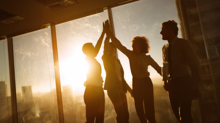 A dynamic silhouette of a team celebrating success with a high five gesture against a stunning sunset view in an office, symbolizing motivation and unity in business.の素材