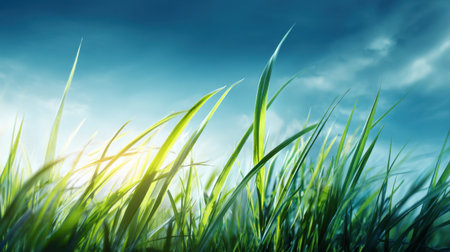 Discover a vibrant scene featuring green grass swaying gently under a bright sky, illuminated by sunlight, creating a peaceful and serene outdoor atmosphere.の素材