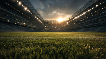 A breathtaking view of an empty sports stadium field captured at sunset, with brilliant lights and dynamic clouds creating a stunning atmosphere for sports enthusiasts.の素材