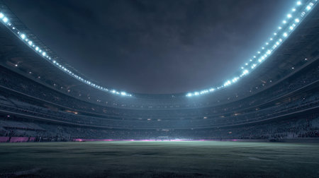 A captivating view of an empty stadium under bright lights at night, creating a thrilling atmosphere filled with anticipation for an upcoming sports event.の素材