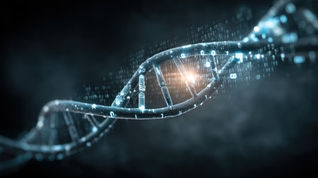 Explore a captivating digital representation of a DNA strand, highlighting its structure and the integration of binary code, perfect for scientific and technological themes.の素材
